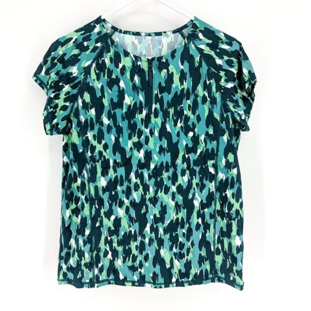 Zuda UPF50 Abstract Zip Front Short Sleeve Swim Shirt‎ Teal Women's Size Small